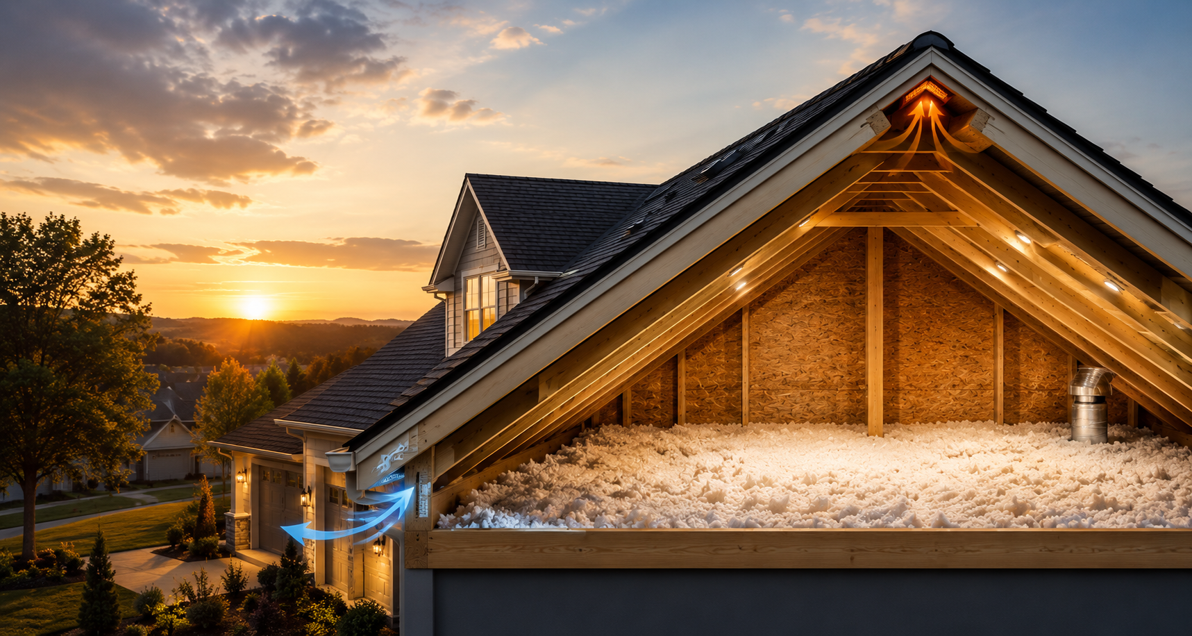 Clean North Alabama home attic with professional blown-in insulation and roof ventilation