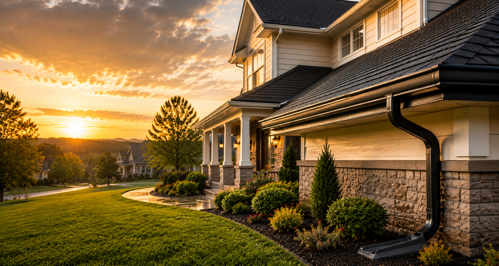 North Alabama home with seamless rain gutters and clean roofline at golden hour