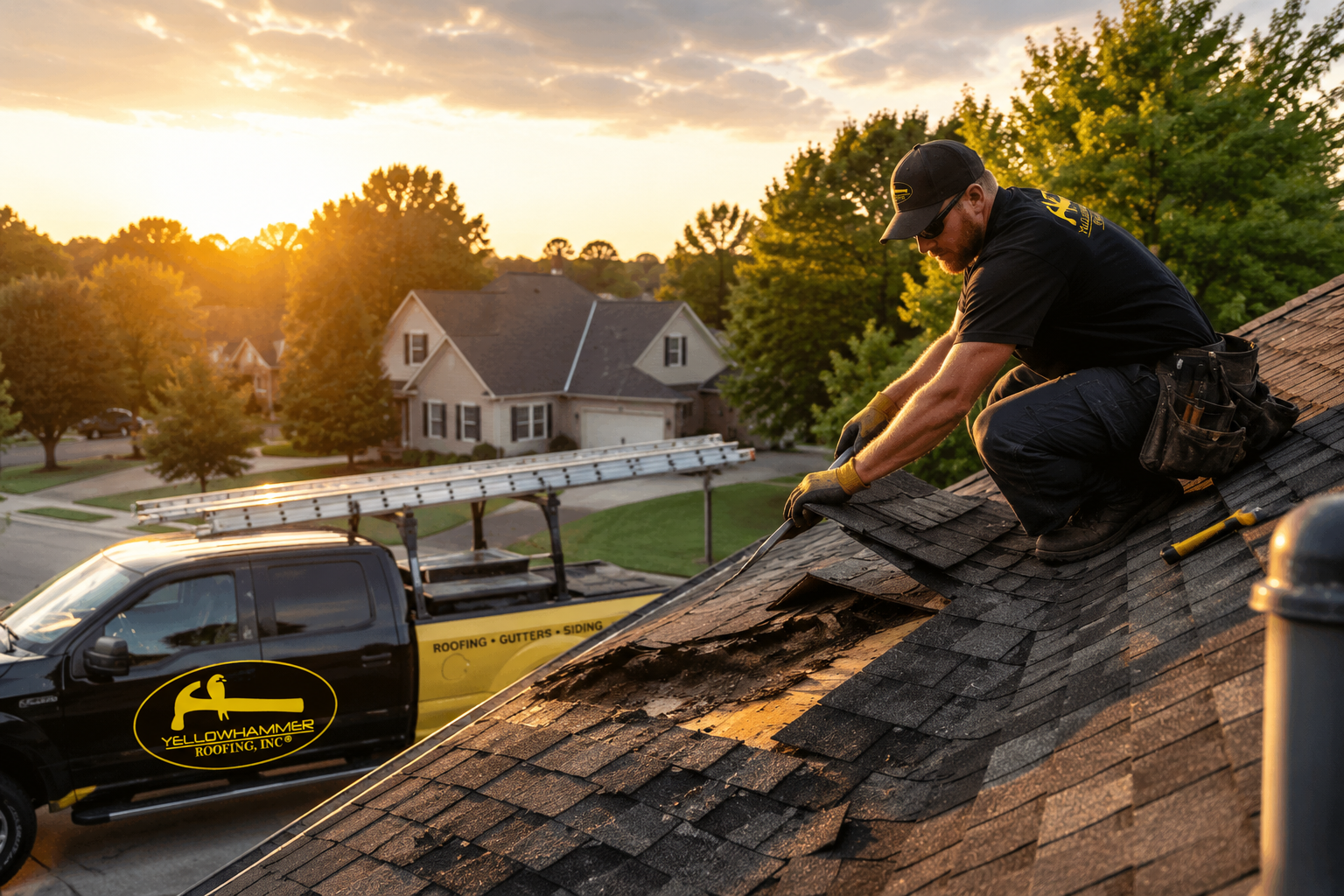 Yellowhammer roof repair technician fixing damaged shingles on a North Alabama home