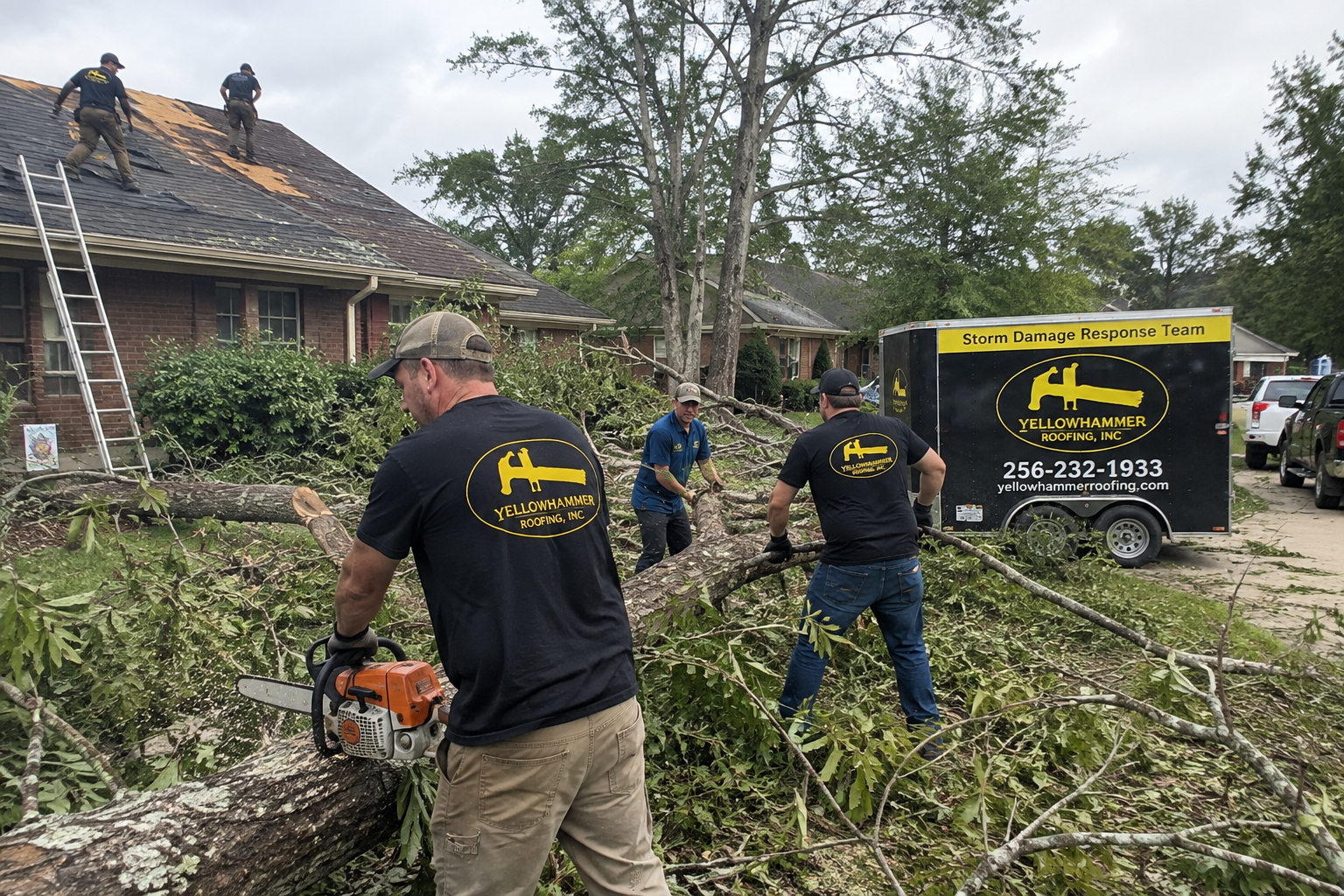 Yellowhammer Roofing team helping an Alabama neighborhood after storm damage