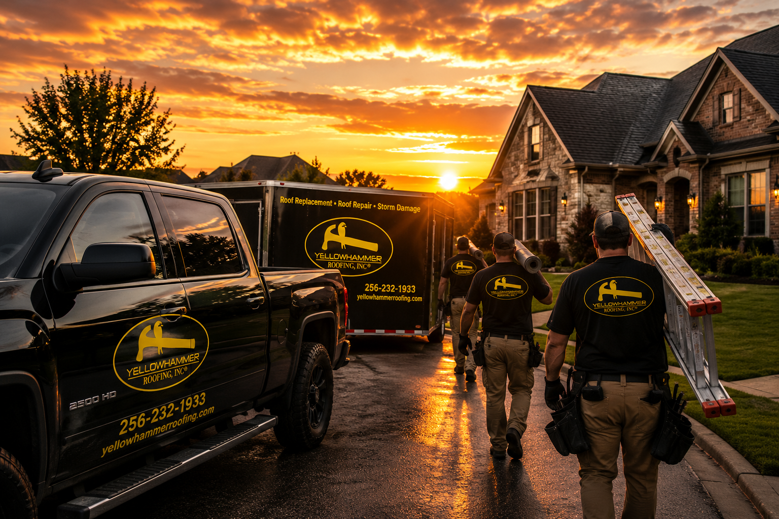 Yellowhammer Roofing truck beside a protected Alabama home at sunset