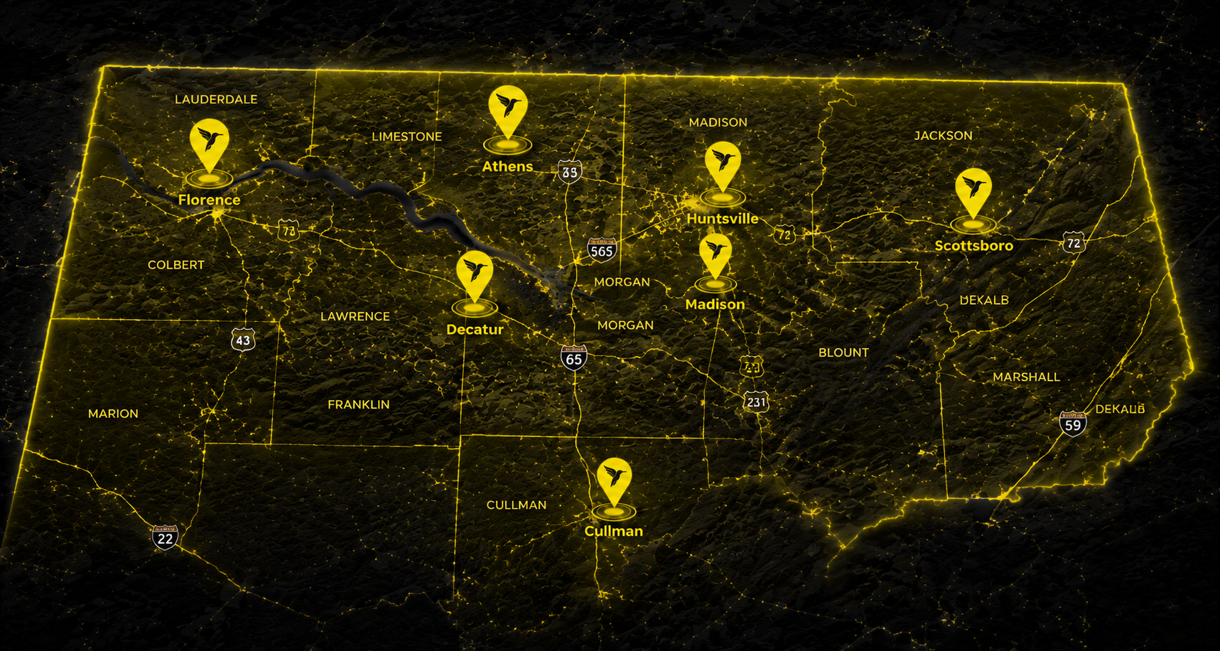 Yellowhammer Roofing service area map for North and Central Alabama