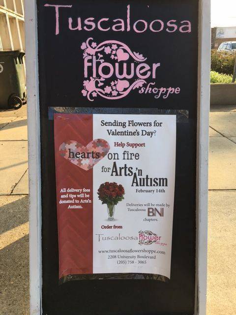 Hearts on Fire for Arts n Autism flier at the Tuscaloosa Flower Shoppe
