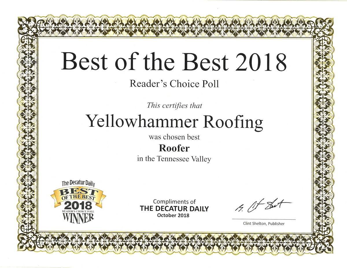 Best of the Best 2018 award for Yellowhammer Roofing in a reader's choice poll.