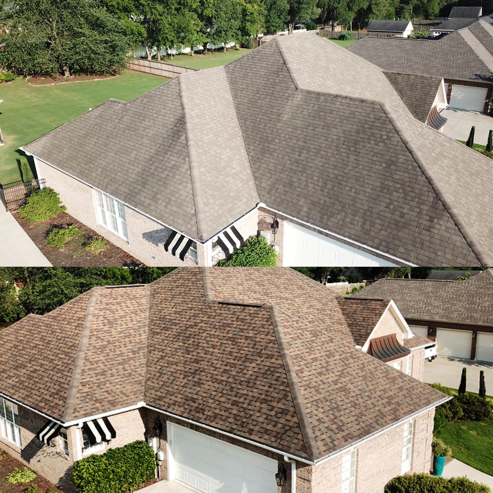 Before and After a shingle roof replacement in Alabama.