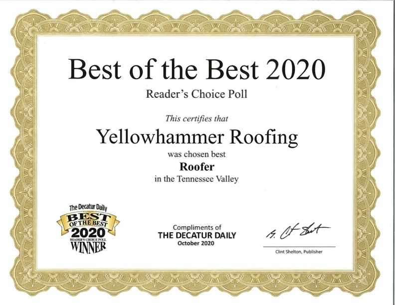 The Decatur Daily Best of the Best 2020 Readers Choice Poll award for Yellowhammer Roofing award.