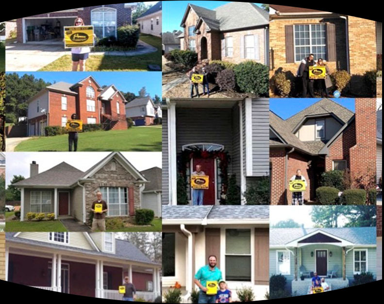 Collage of satisfied customers holding Yellowhammer Roofing Inc. signs after their roofing projects have been completed.