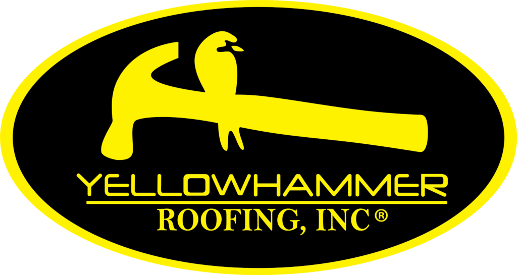 Yellowbird, sitting on a yellow hammer. The Yellowhammer Roofing, INC logo. 