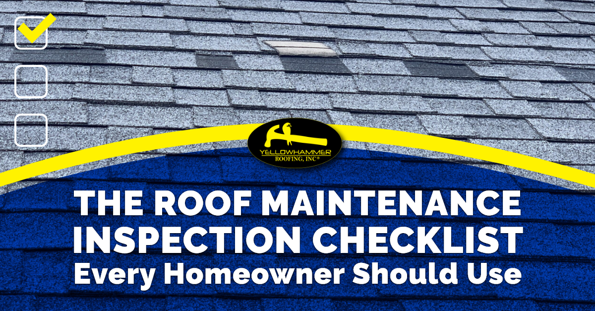 Image of a roof with grey shingles and several missing with text: The Roof Maintenance Inspection Checklist Every Homeowner Should Use