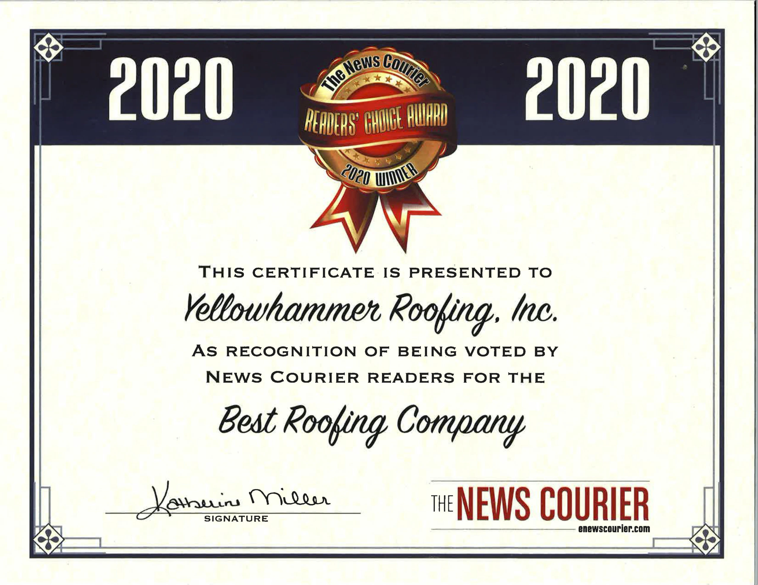 The News Courier 2020 Readers Choice award for Yellowhammer Roofing
