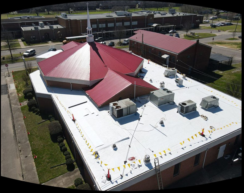 Top down view of a commercial roofing project performed by Yellowhammer Roofing Inc.